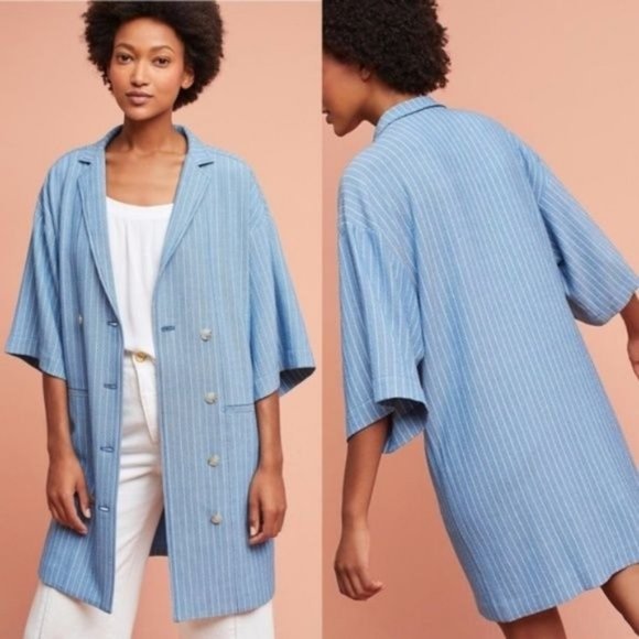 Anthropologie Striped Blazer Dress Denim Coat Jacket - Picture 1 of 8